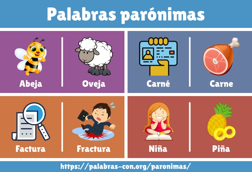 Lista de ejemplos de palabras parónimas con dibujos para niños.